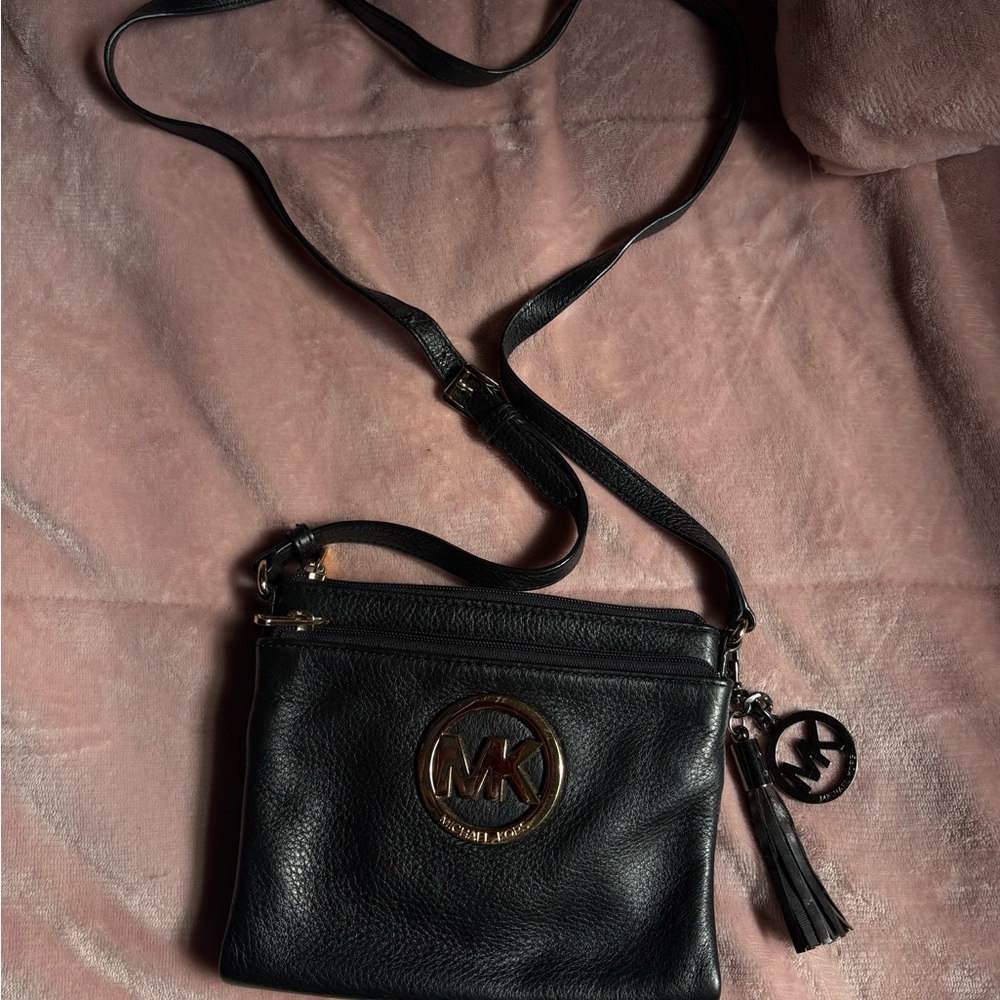 Michael Kors Black Leather Crossbody with Gold Logo and Tassel